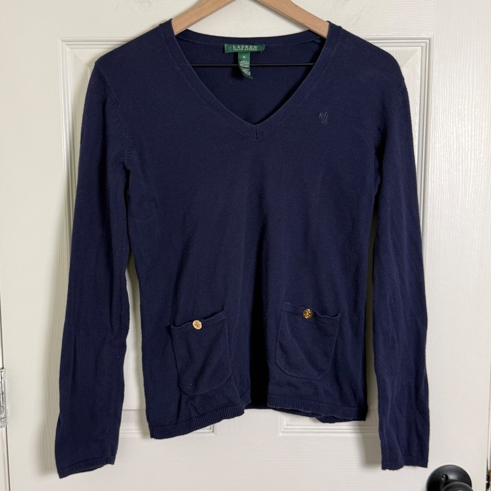 Lauren Ralph Lauren Sweater Womens Medium Blue Gold Buttons Preppy Academia - Picture 4 of 14